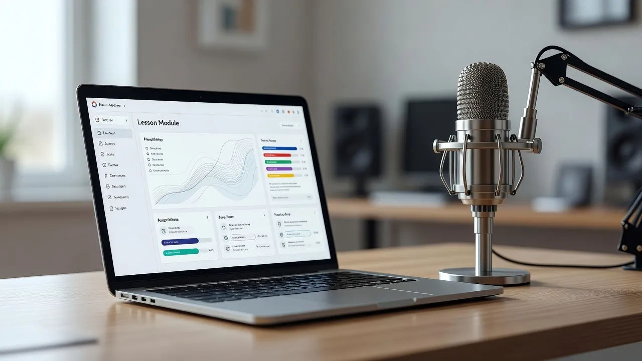 Laptop showing a lesson module beside a desktop microphone