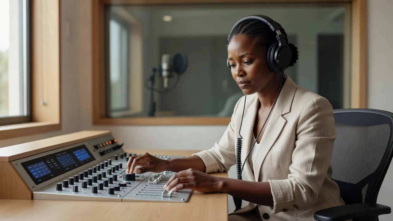 Voice designer shaping a Kenyan English read at a console