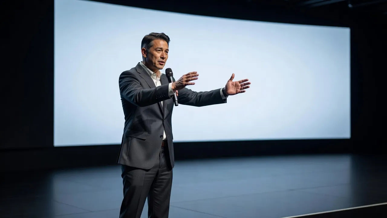 Keynote speaker mid-reveal on a dark stage, giant screen glowing behind