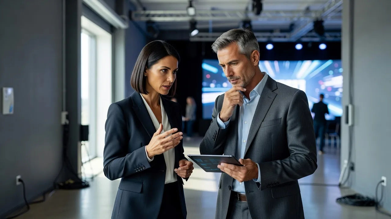 Two presenters conferring backstage before a bright conference keynote