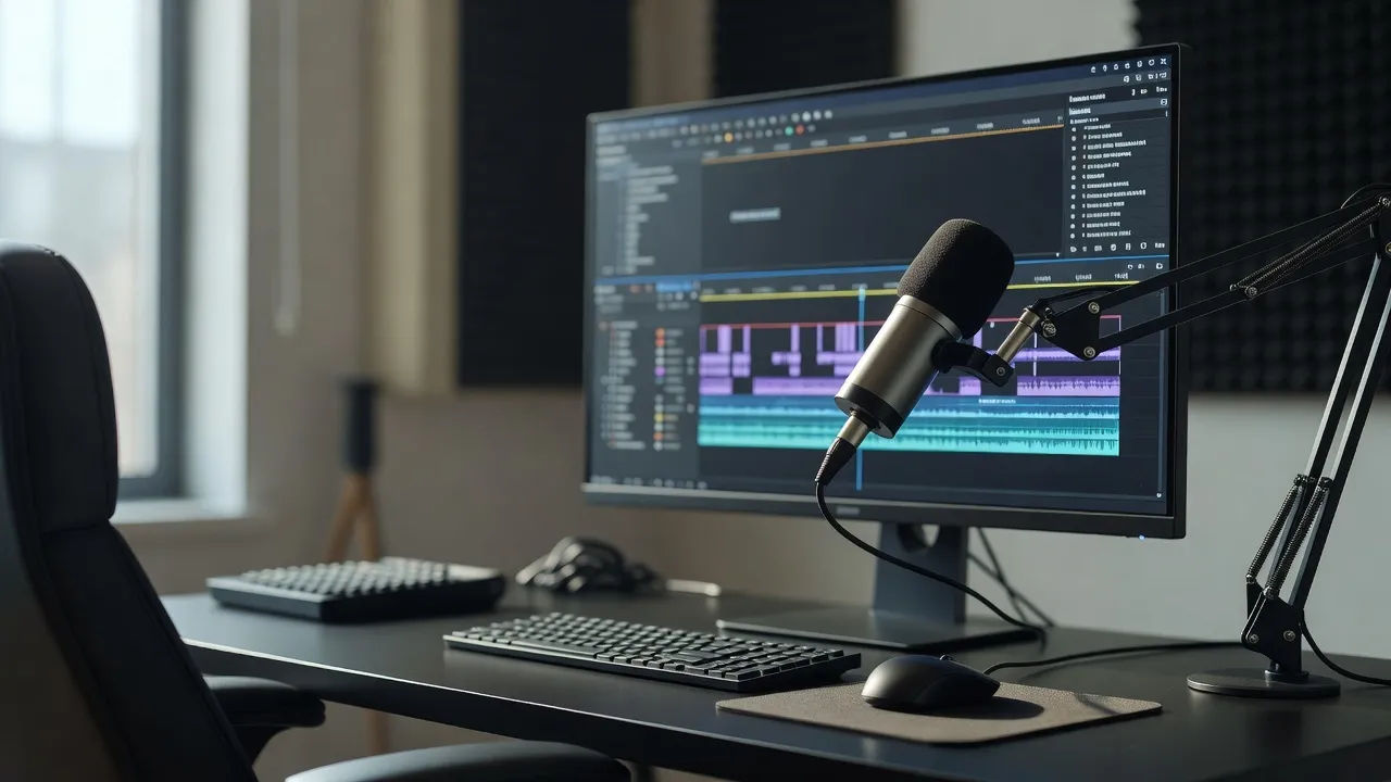 Editing bay with a keynote deck timeline and a stage-monitor mic