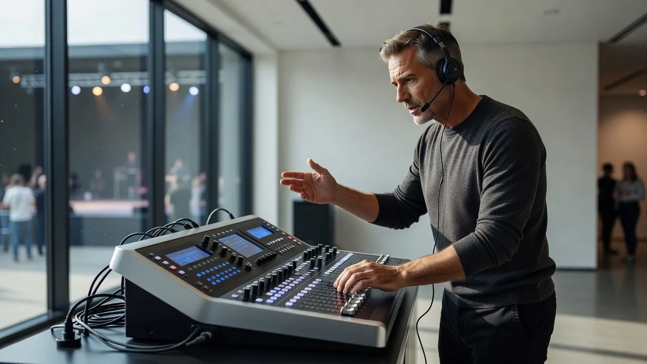 Event producer directing a keynote voice at a control console