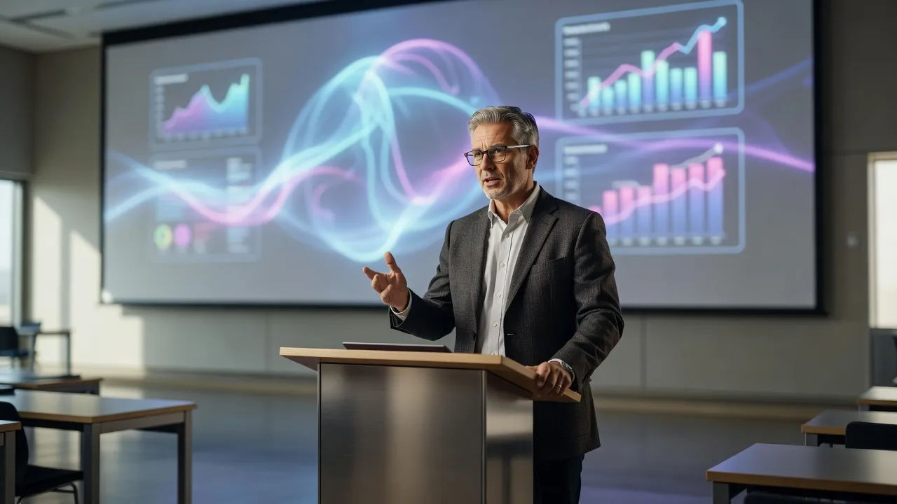 Professor at a lectern mid-lesson, slides glowing on the screen behind