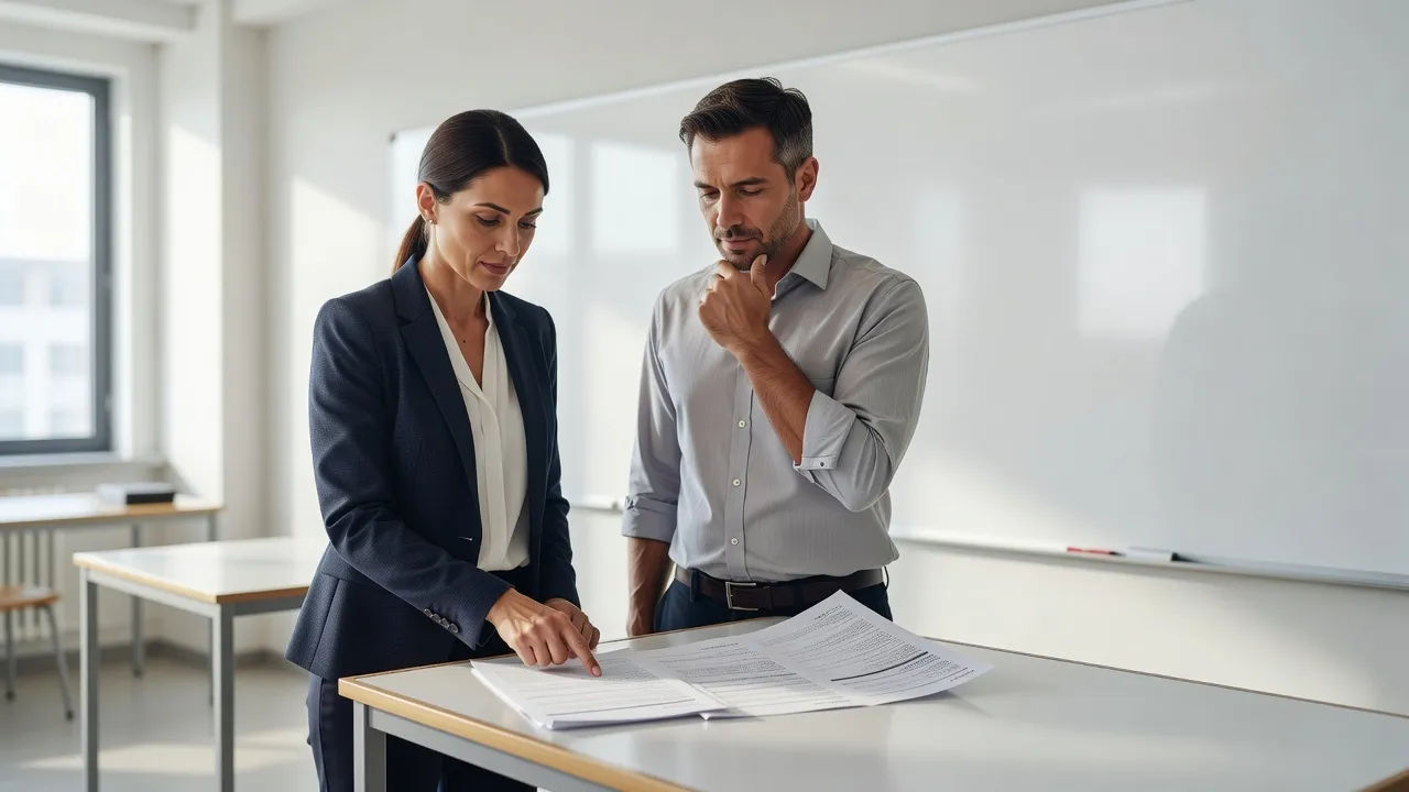 Two educators reviewing a syllabus over a bright classroom whiteboard