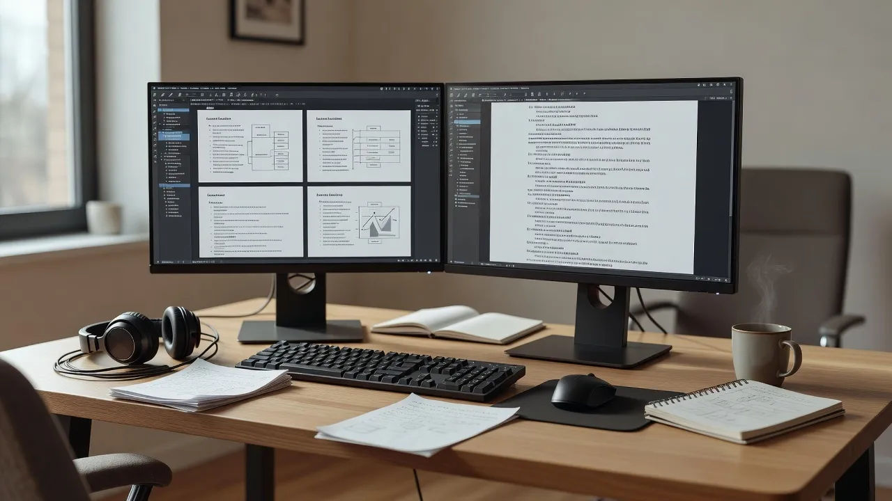 Editing desk with lecture slides on one monitor and a script on another