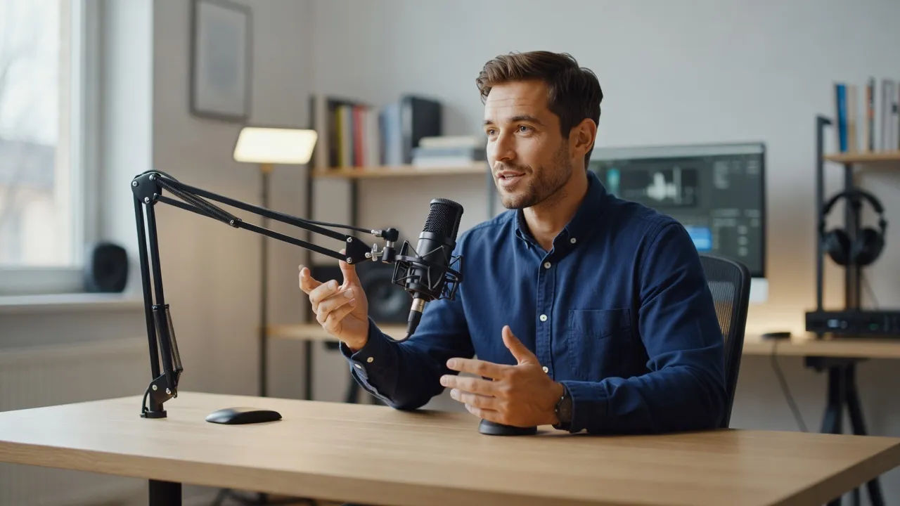 Course creator directing a lecture voice at a home studio desk