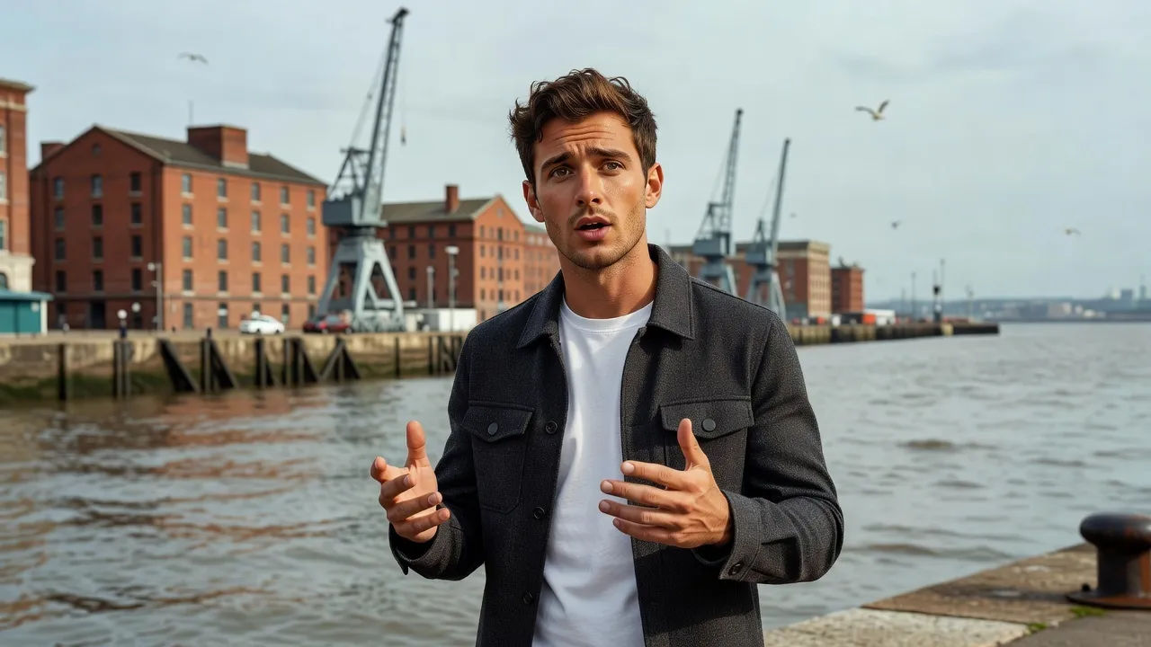 A lively character on a Liverpool waterfront speaking to camera, docks behind