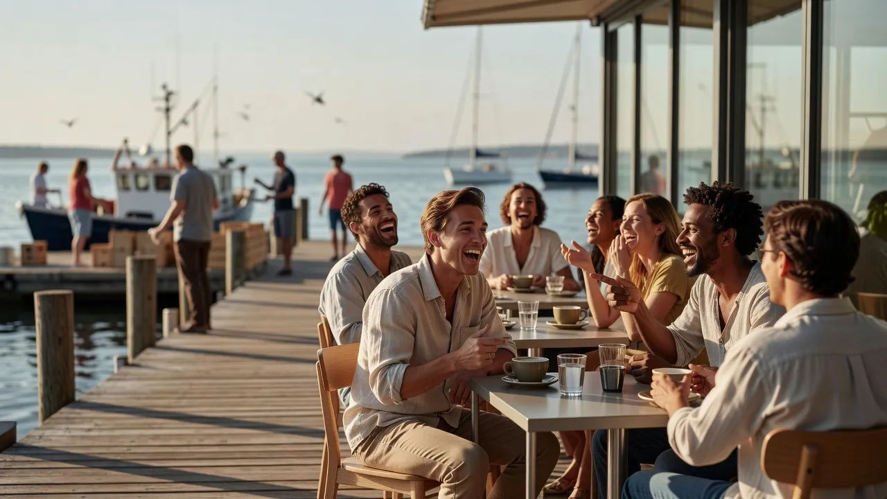 A group of characters at a busy dockside cafe, one mid-line, others laughing