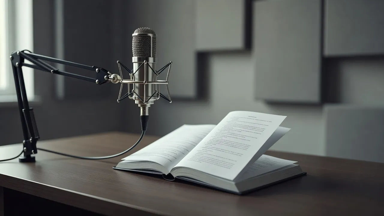 A voiceover screen with a script open beside a studio microphone