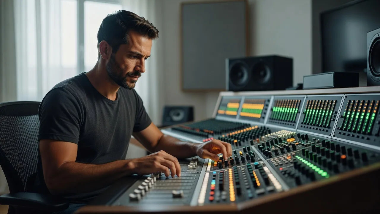 A sound designer shaping a voice at a mixing desk, meters glowing