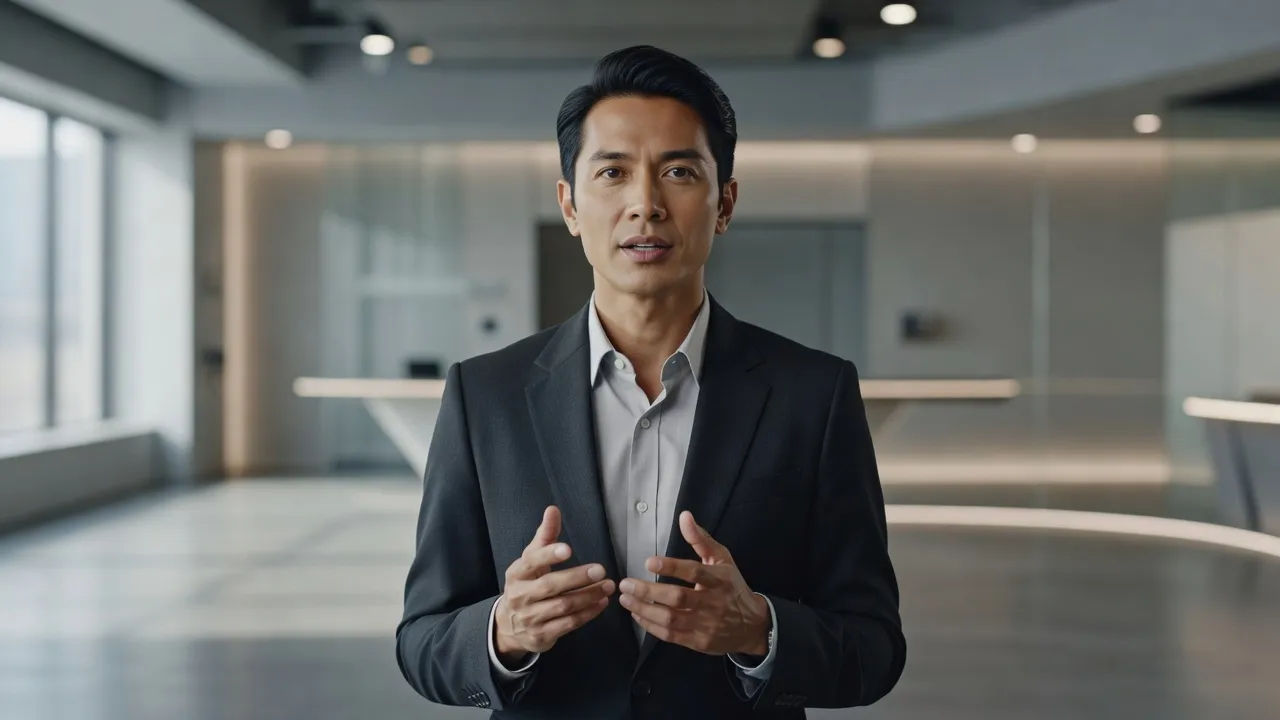 Composed Malaysian presenter speaking to camera in a modern studio