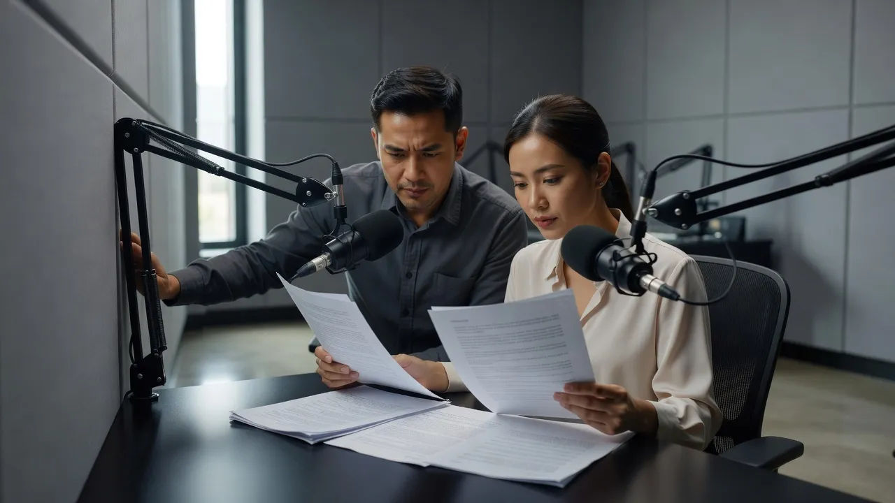 Two Malaysian voice actors reviewing a brand script in a recording booth