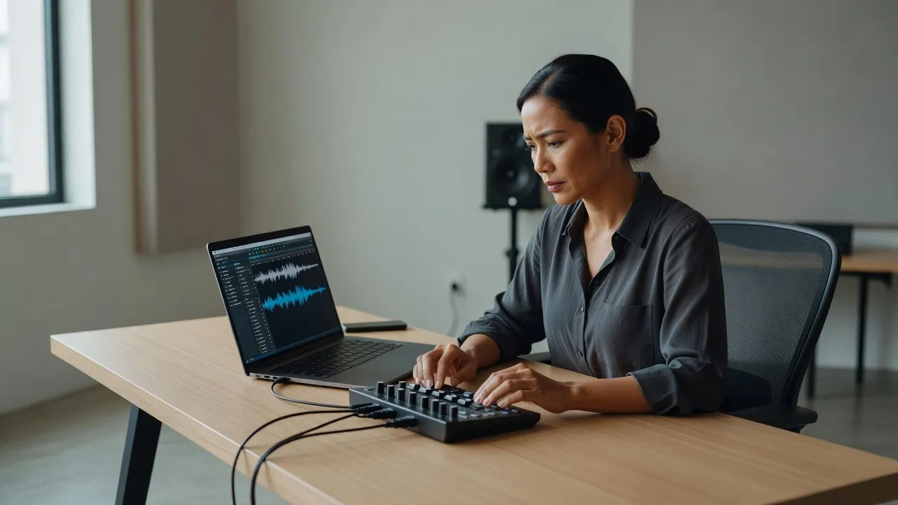 Editor tuning a Malaysian English voice prompt on a laptop