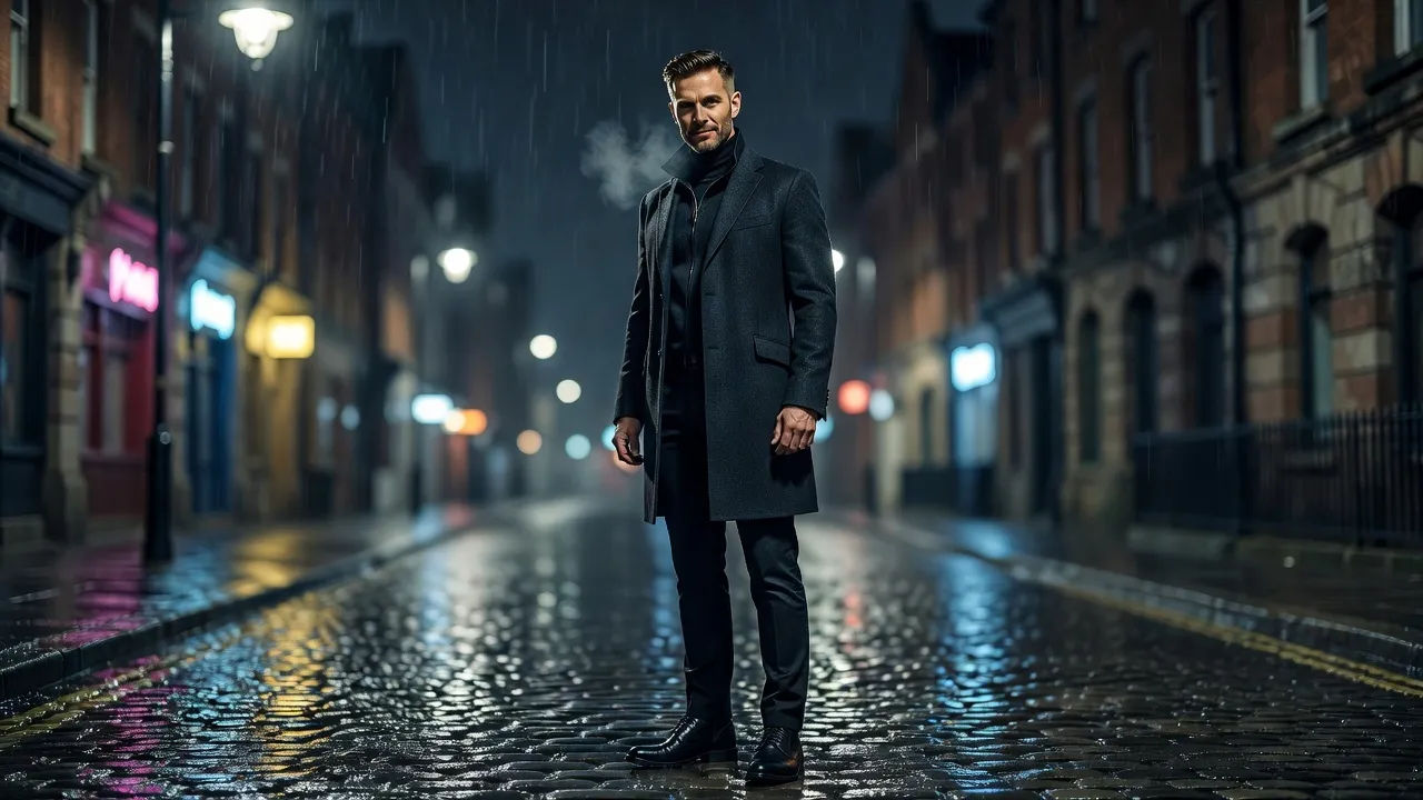 A cool character on a rainy Manchester street speaking to camera at night