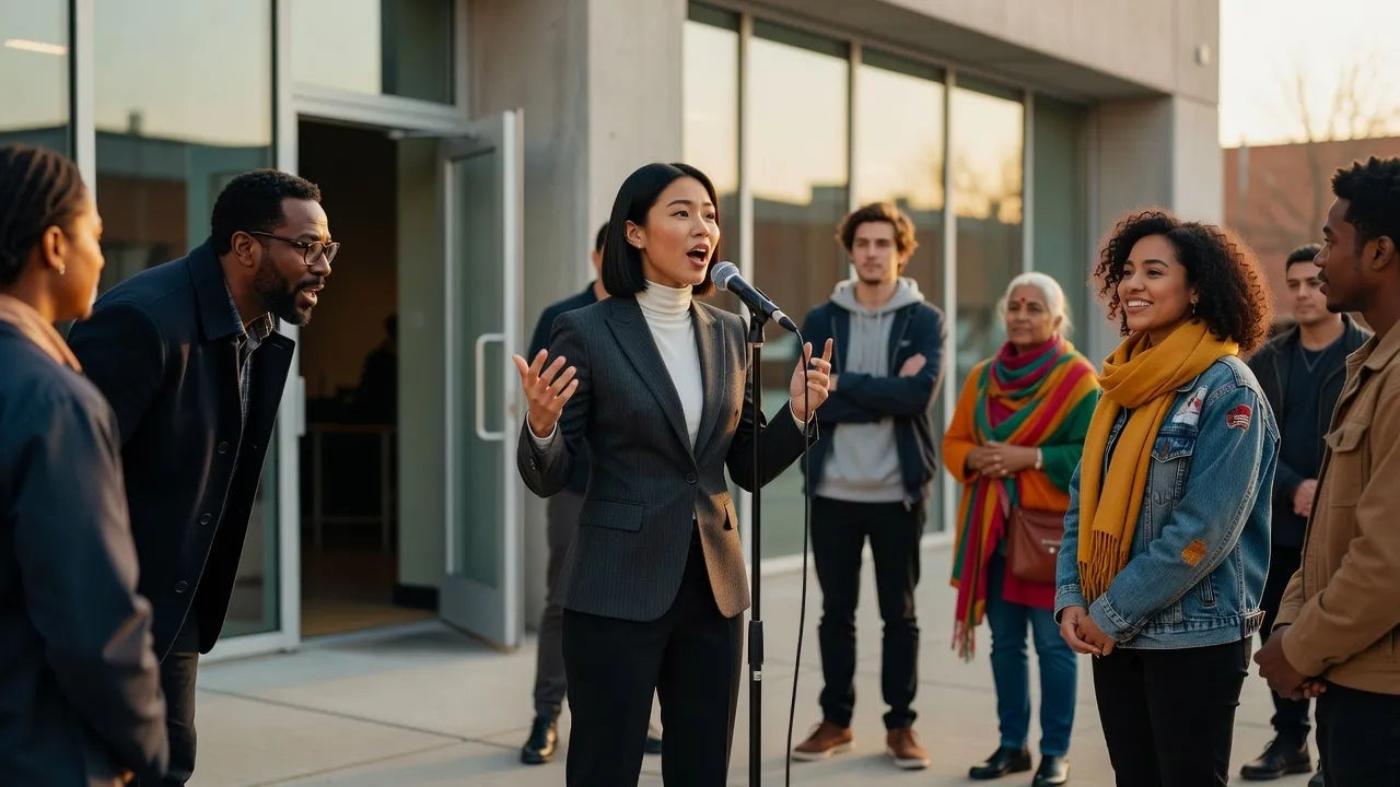 A group of characters outside a music venue, one mid-line, others listening