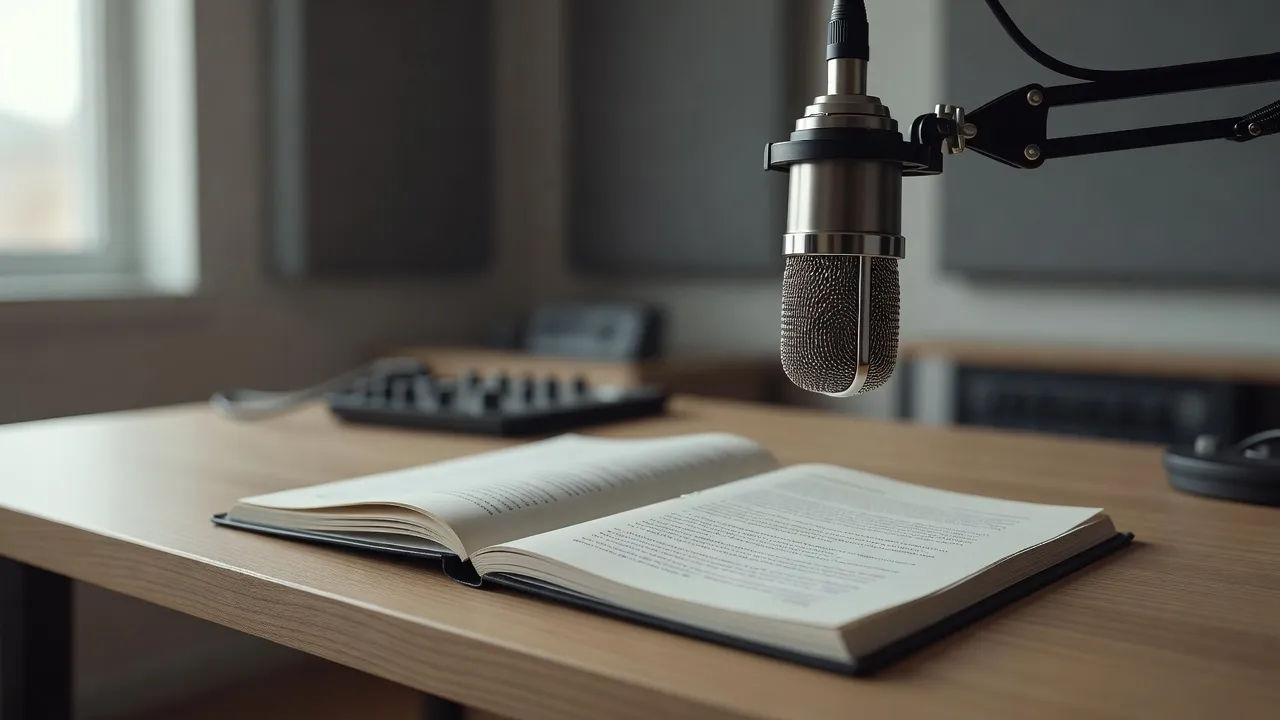A voiceover screen with a script open beside a studio microphone