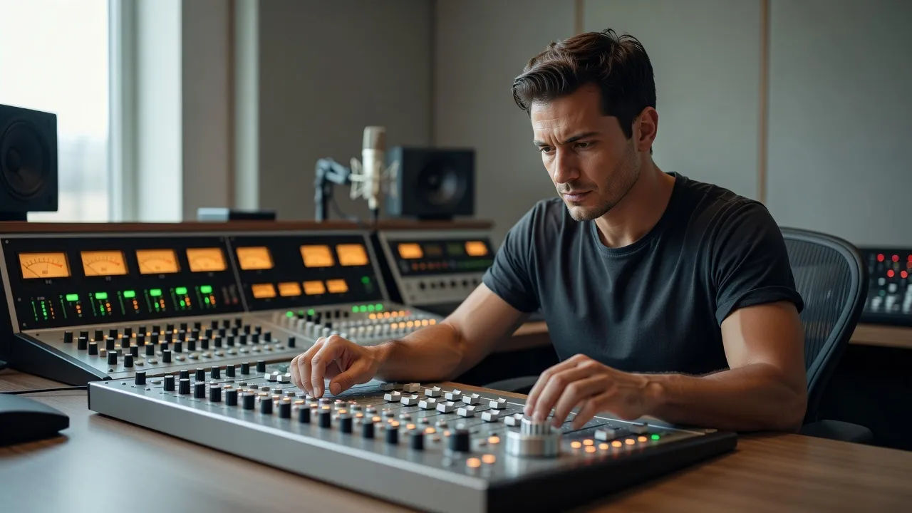 A sound designer shaping a voice at a mixing desk, meters glowing