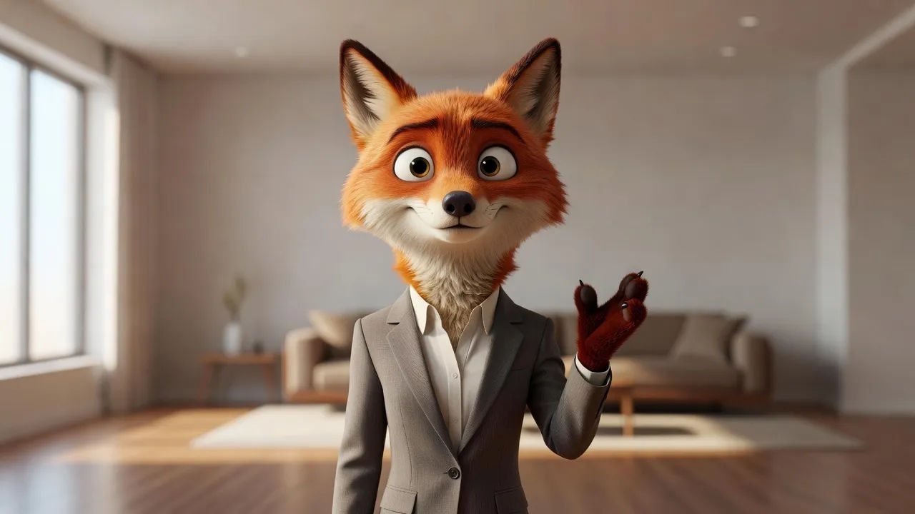 Cartoon character delivering an absurd caption line straight to camera