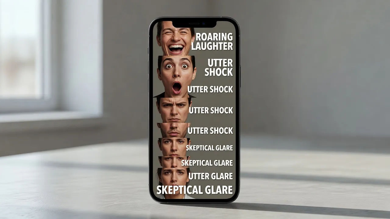 Phone-shaped frame stacked with reaction faces and bold captions