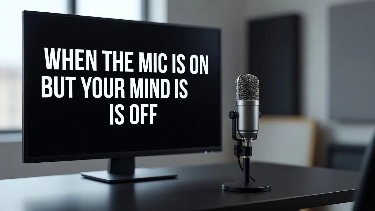 Bold meme caption on screen beside a small studio microphone