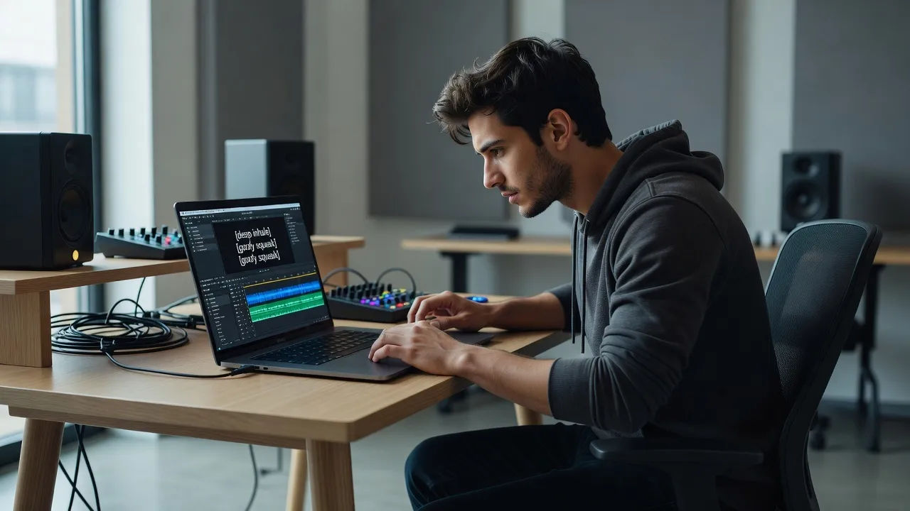 Editor tuning an absurd meme voice at a laptop with caption cues