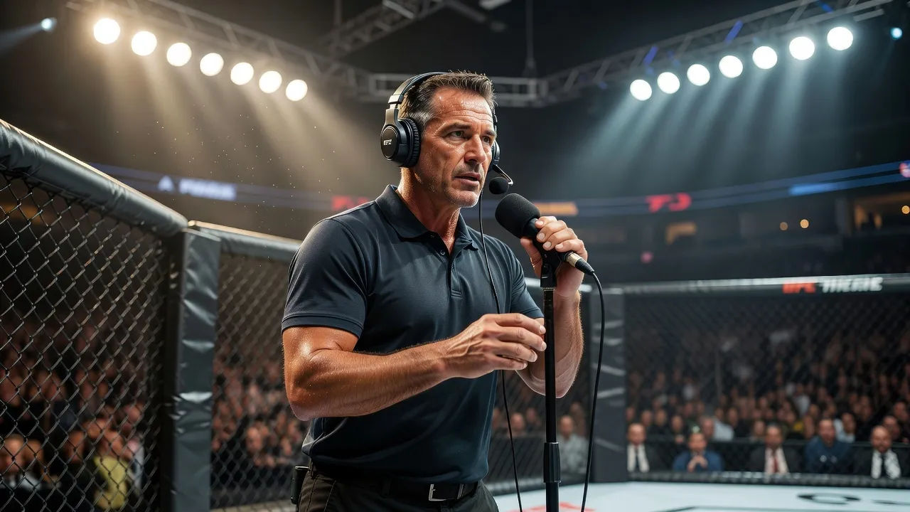 Cage-side announcer at a headset mic beside the fence, arena lights blazing behind