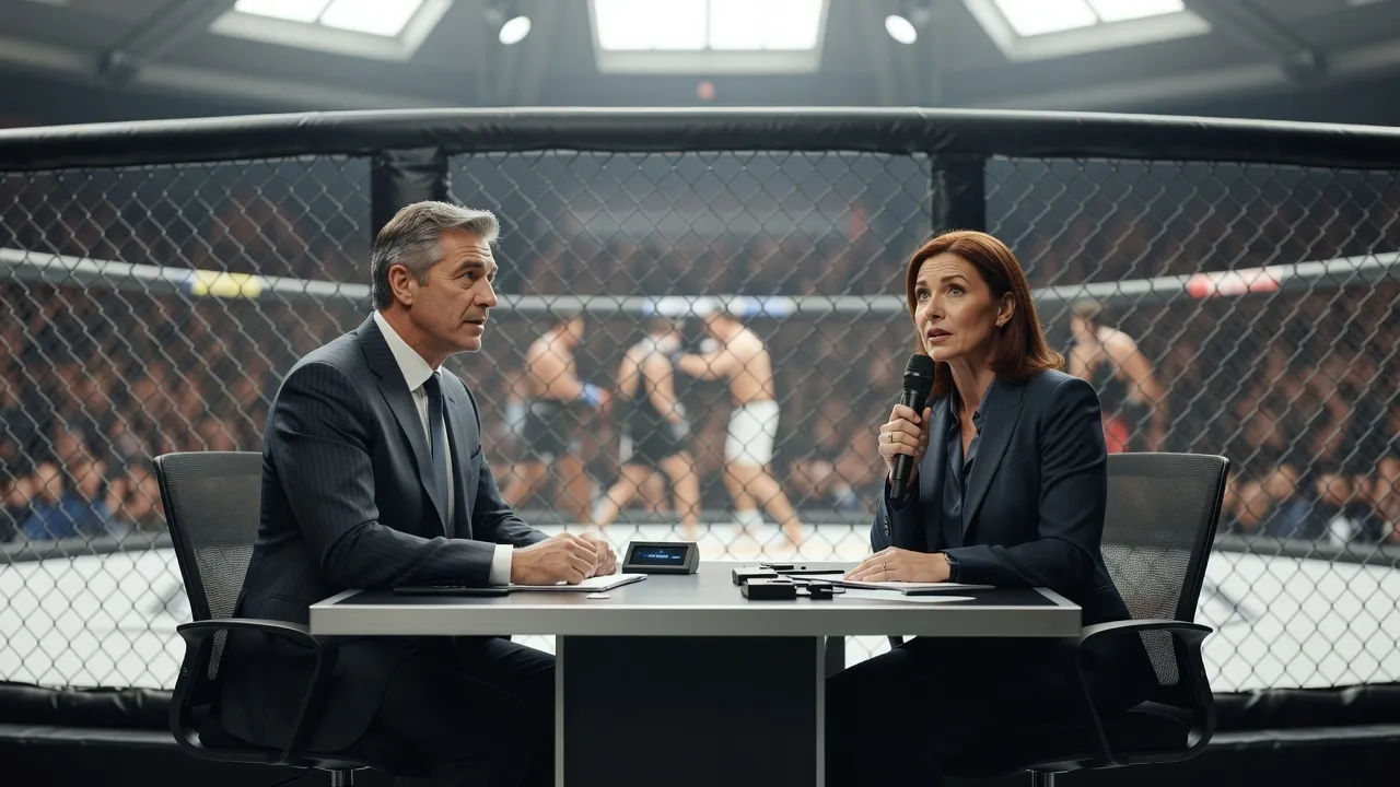 Announcer and analyst at a broadcast table pressed against the octagon fence