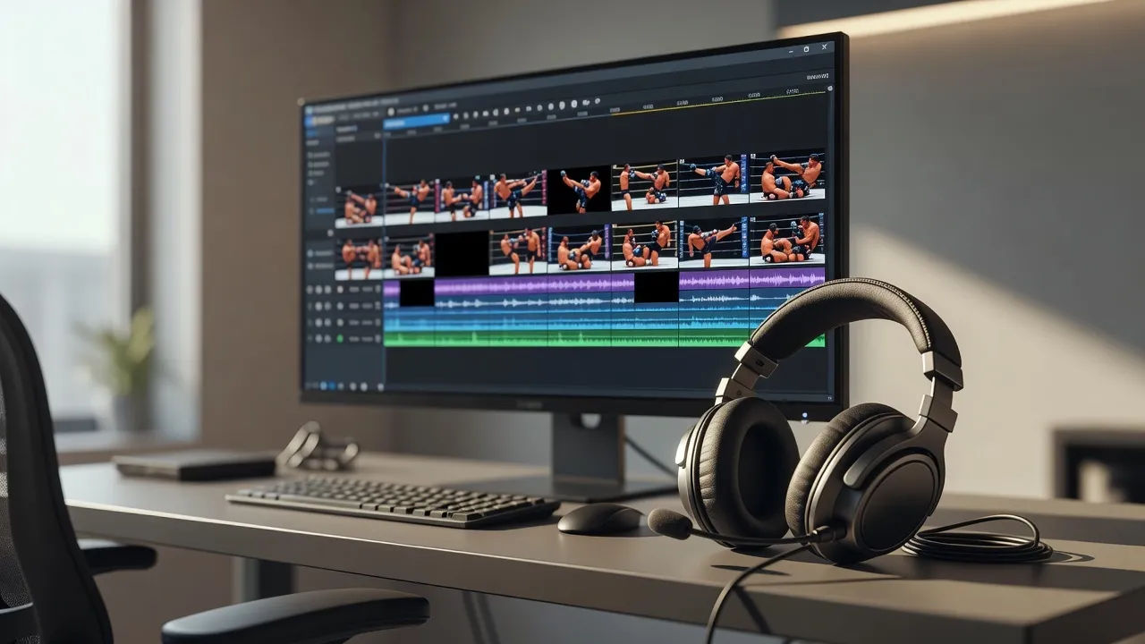 Editing suite with an MMA finish timeline next to a broadcast headset