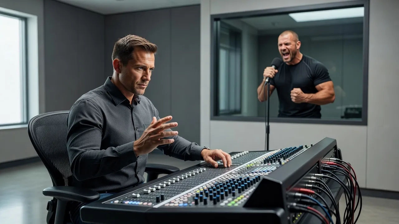 Sound designer directing an MMA announcer voice at a mixing desk
