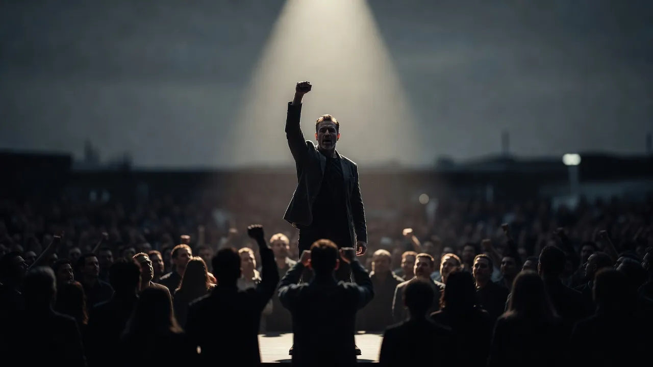 Speaker mid-rally in a spotlight, fist raised, crowd silhouetted below