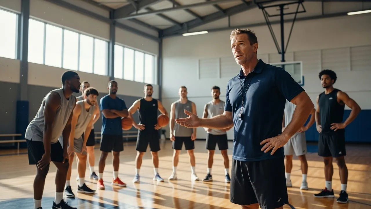 Coach addressing a team in a gym before a bright morning session