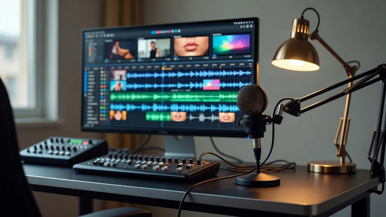 Editing bay with a montage timeline and a warm-lit vocal mic