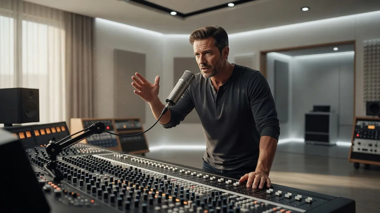 Producer directing a motivational voice at a studio console