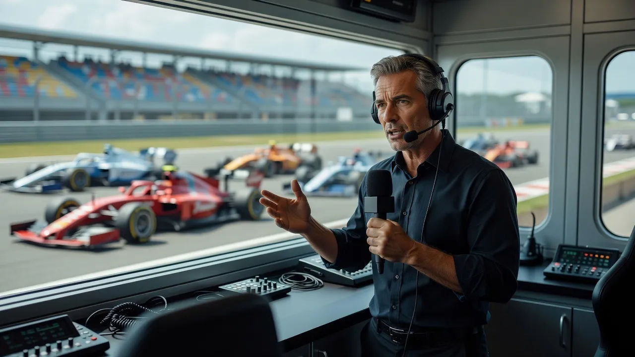 Motorsports commentator in a trackside booth mid-call, headset on, blurred cars streaking past