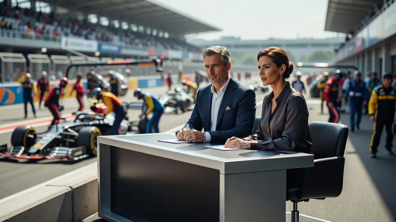 Two motorsports commentators at a trackside desk above a pit lane