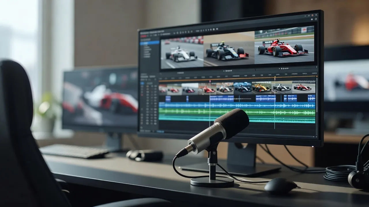Editing bay with a racing highlight timeline and a commentary mic