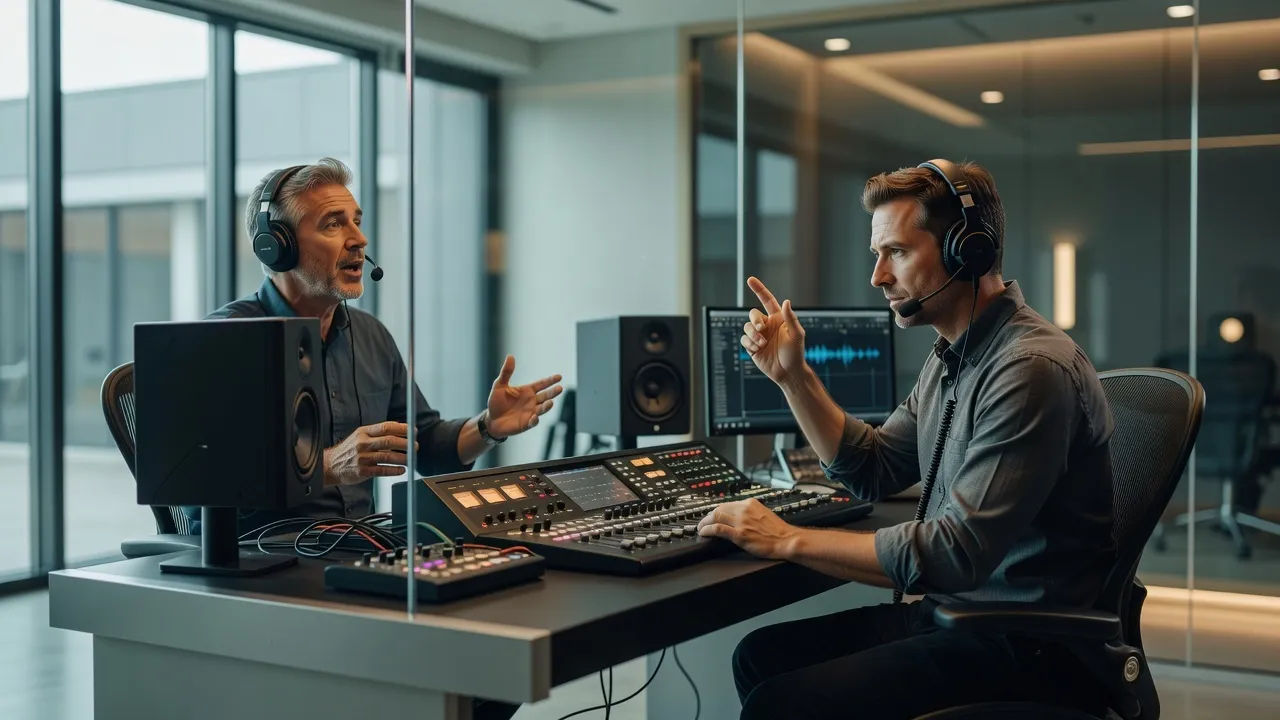 Sound designer directing a motorsports commentary voice at a console