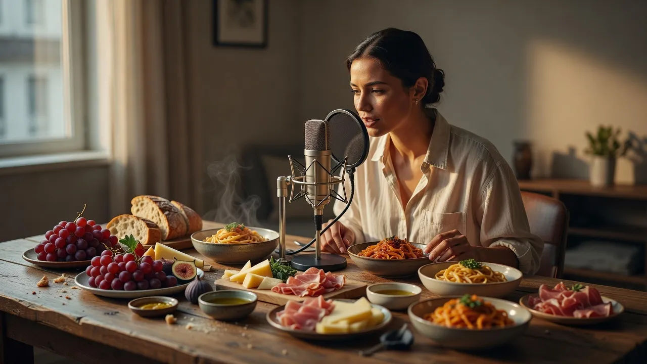 Creator close to the mic at a food-covered table under warm light