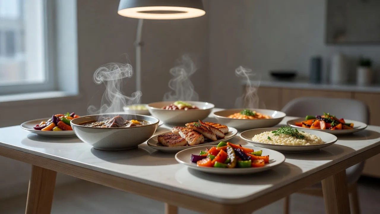 Table spread with steaming dishes and a soft ring light