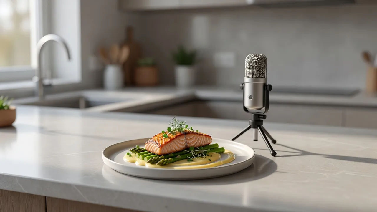 Cozy kitchen counter with a plated dish beside a small mic
