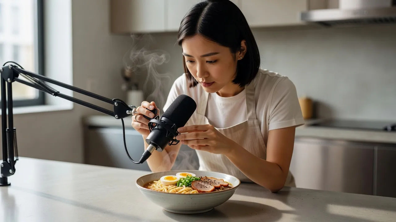 Foodie creator adjusting a close mic beside a bowl of noodles