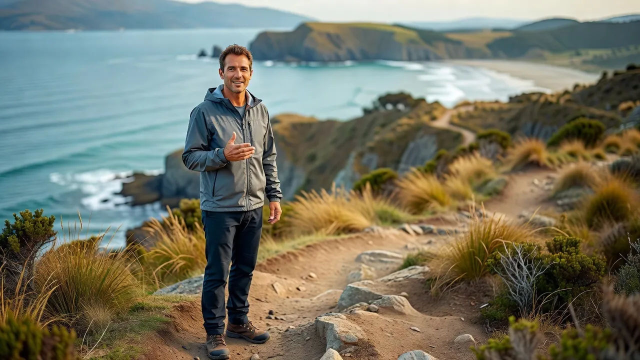 Friendly Kiwi presenter outdoors on a coastal path, speaking to camera