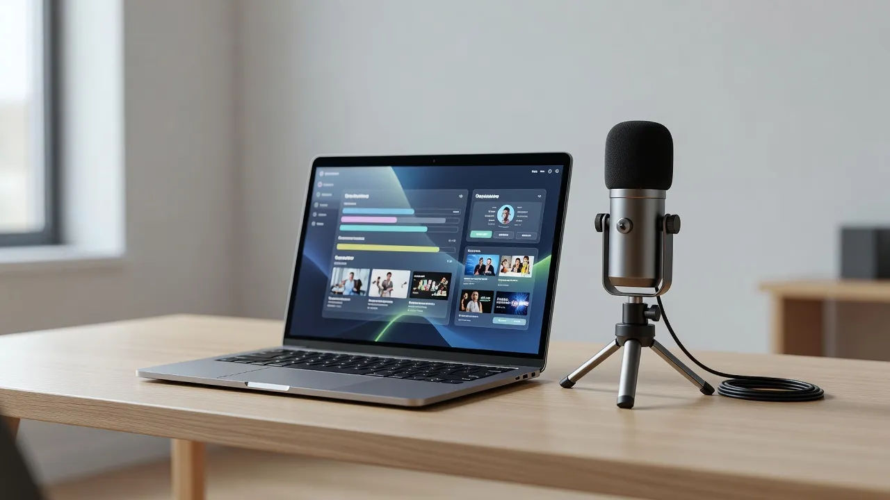 Laptop showing an e-learning module beside a desktop microphone