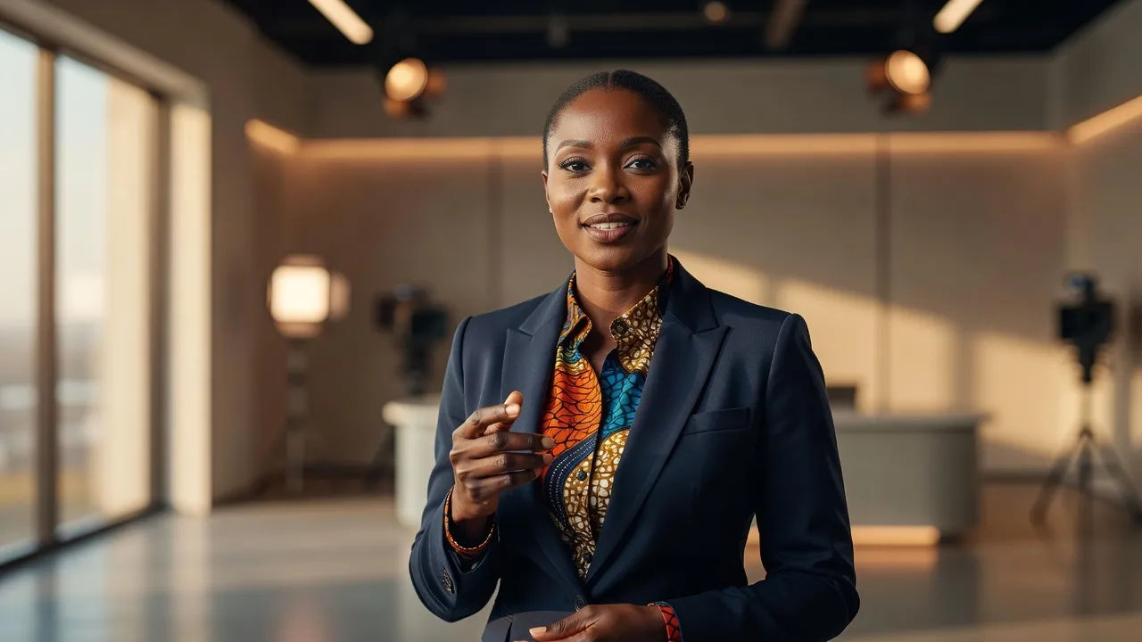 Nigerian presenter in a warm-lit studio, speaking to camera