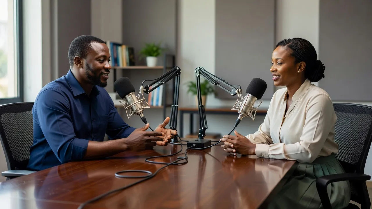 Two Nigerian narrators recording together at a wooden table