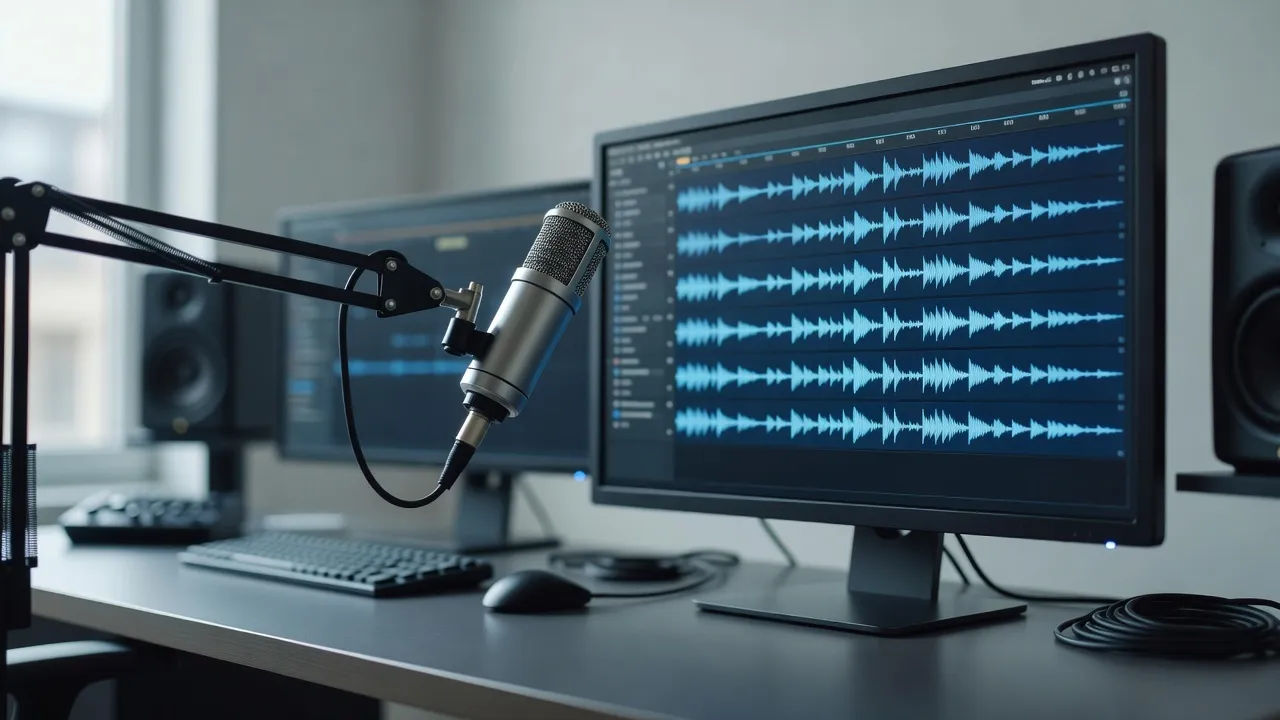 Editing suite with a narration waveform and a studio microphone