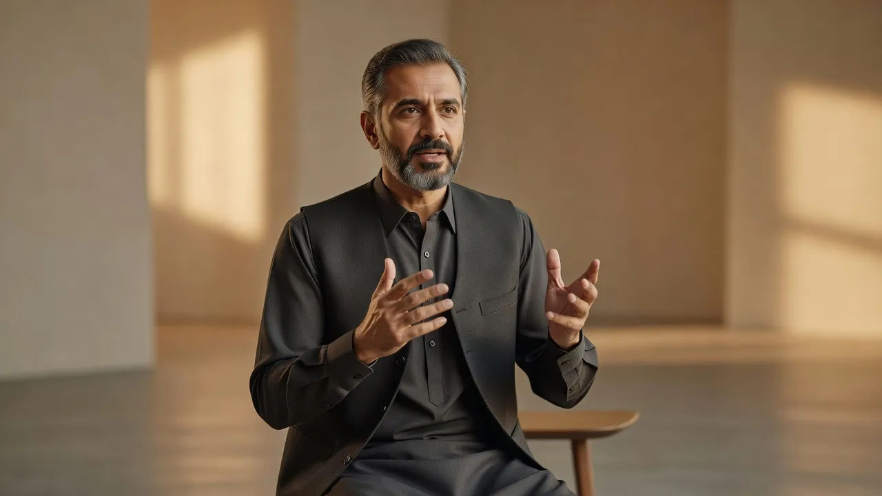 Articulate Pakistani narrator speaking to camera in a warm-lit studio