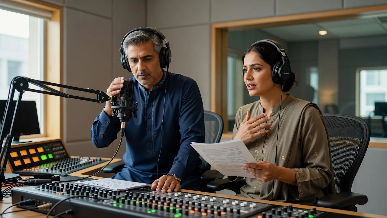Two Pakistani voice actors recording an audiobook chapter at a mixing desk