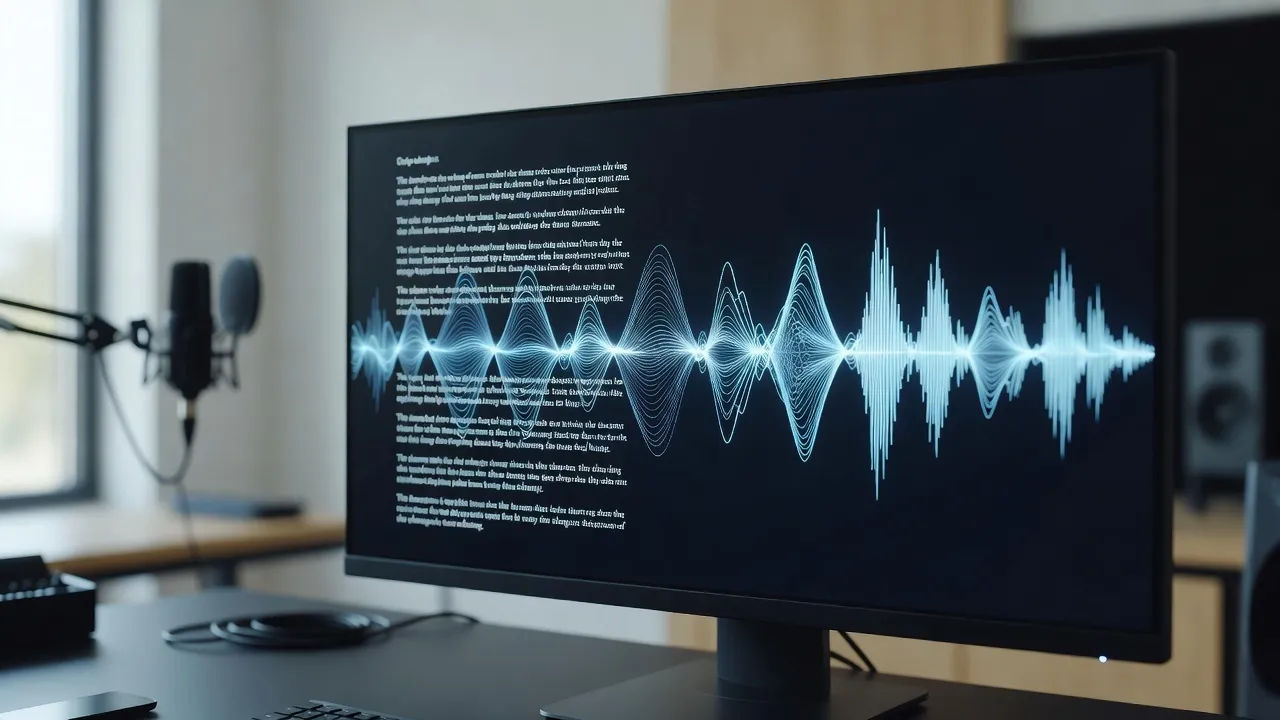 Audiobook script on screen becoming an articulate voiceover waveform