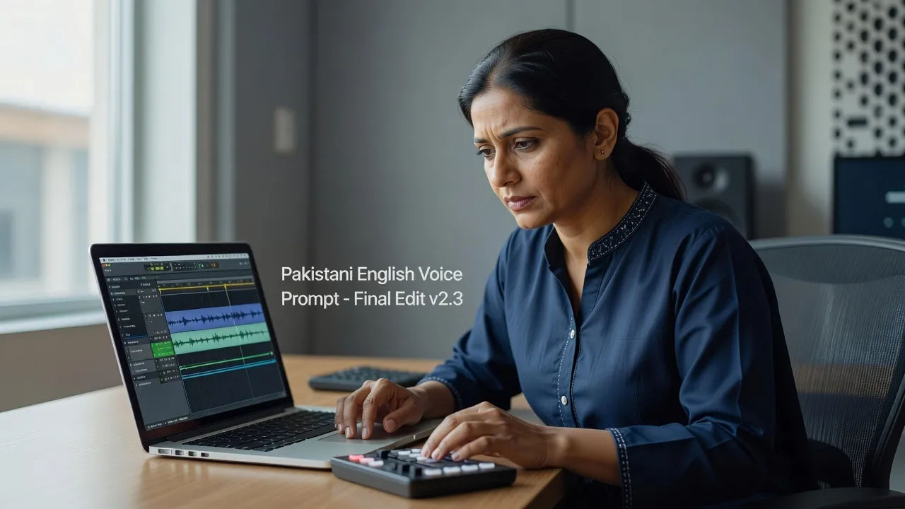 Editor adjusting a Pakistani English voice prompt on a laptop